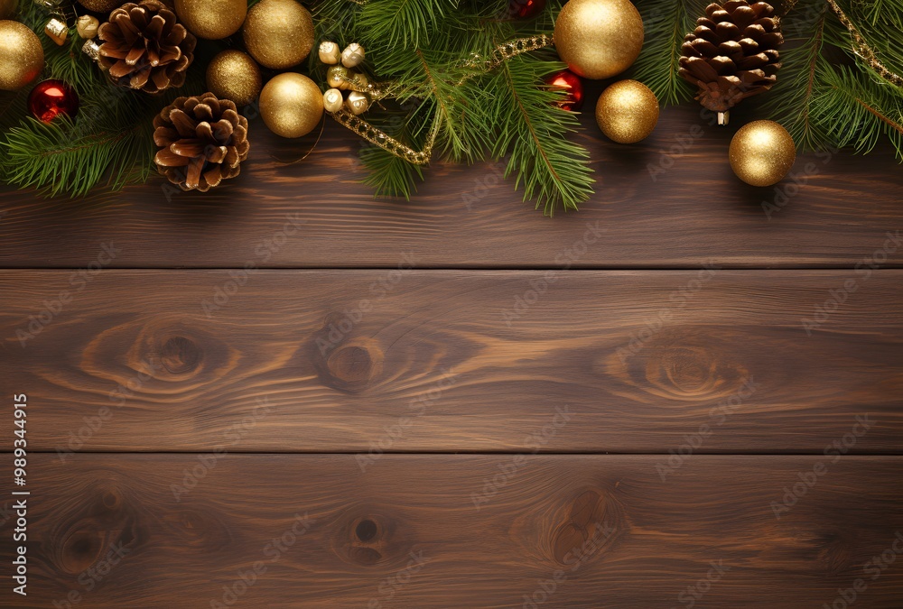 Christmas Wooden Background with Fir Branches and Golden Balls Christmas Wooden Background with Fir Branches and Golden Balls