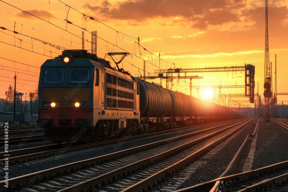 A powerful locomotive pulling a long line of cargo wagons on an industrial rail track, with cranes and warehouses in the background at sunset A powerful locomotive pulling a long line of cargo wagons on an industrial rail track, with cranes and warehouses in the background at sunset