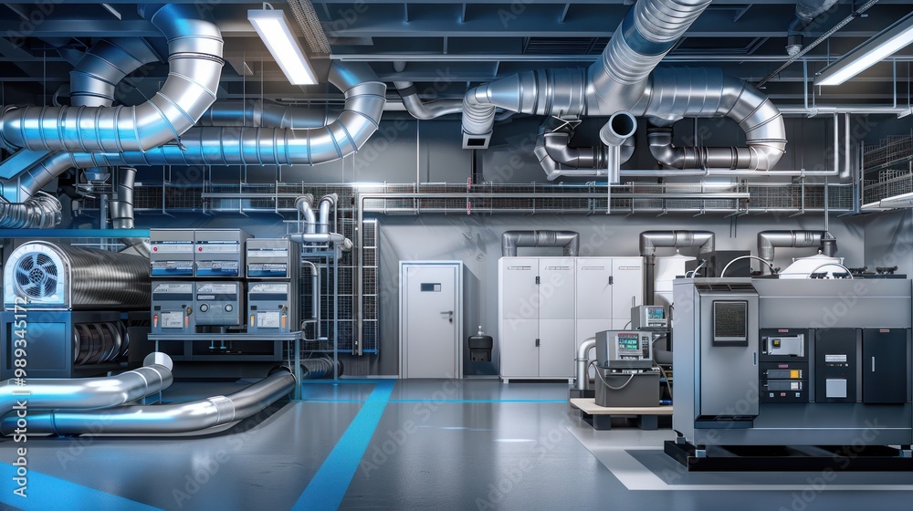Industrial Machinery in a Large Room with Pipes and Ducts Industrial Machinery in a Large Room with Pipes and Ducts