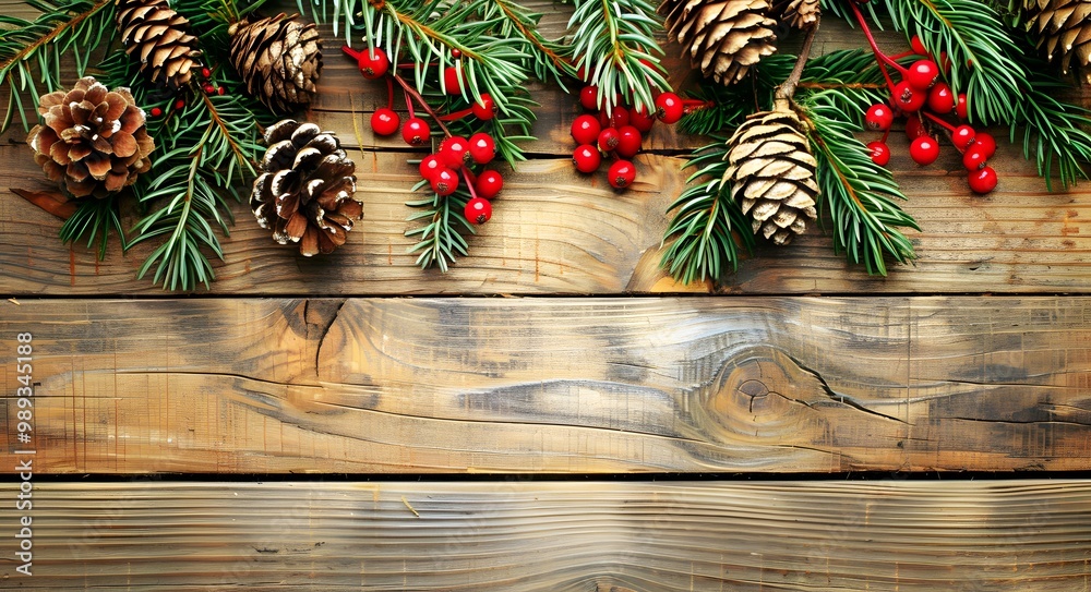 Rustic Christmas Wooden Background with Pine Branches Rustic Christmas Wooden Background with Pine Branches
