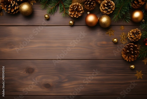 Christmas Wooden Background Pine Branches & Ornaments photo