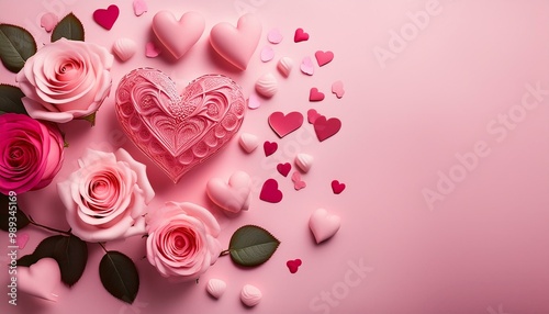 romantic valentine's day card with pink roses, heart-shaped decorations, and petals on a soft pink background