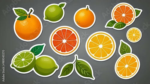 Colorful stickers with oranges and limes on a grey background.