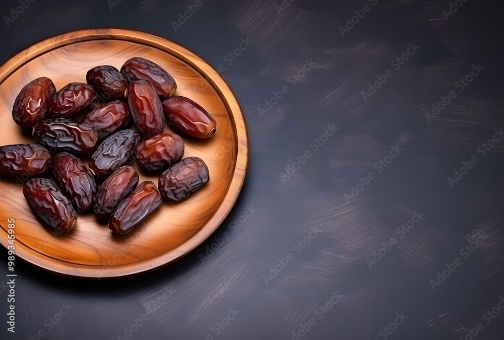 Dates on Wooden Plate, Minimalistic Top View Dates on Wooden Plate, Minimalistic Top View