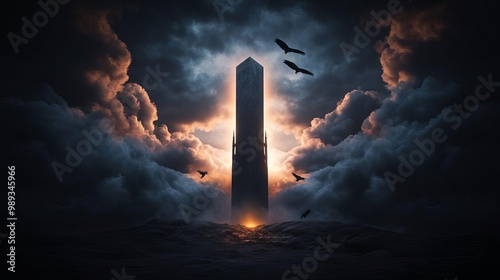 Mysterious Gothic Tower in Desolate Landscape with Dark Clouds and Flying Crows