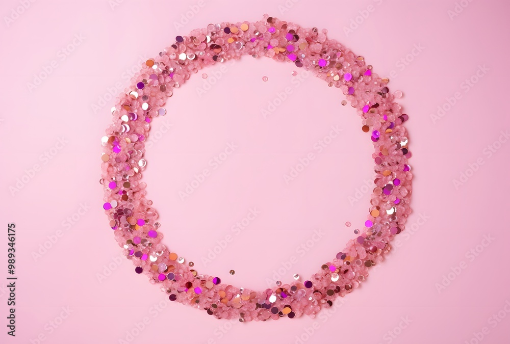 Pink Sequins Circle Frame on Pink Background Pink Sequins Circle Frame on Pink Background