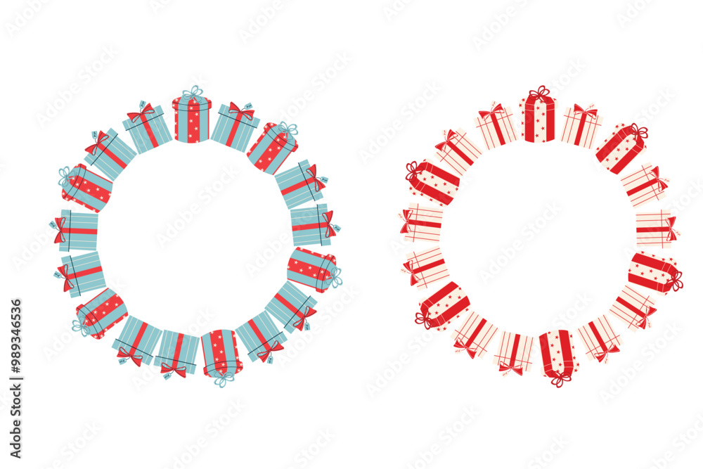 Flat vector illustration round frame made of gifts.Cute design for Christmas packaging, textile, wallpapers and backgrounds. Flat vector illustration round frame made of gifts.Cute design for Christmas packaging, textile, wallpapers and backgrounds.