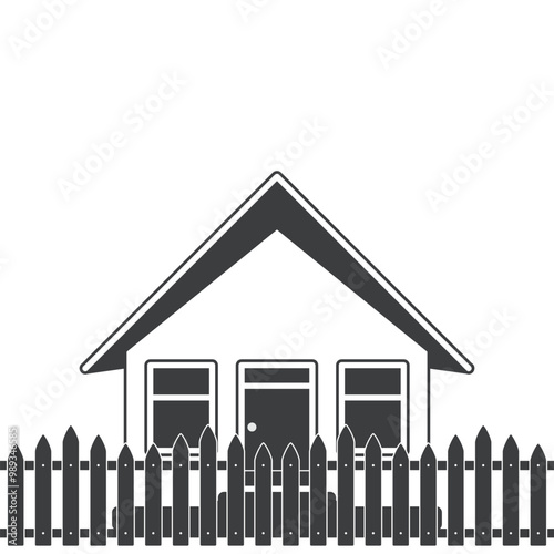 Residential House icon. Small village house on a background of a wooden fence. Building template for you design, web and mobile applications.