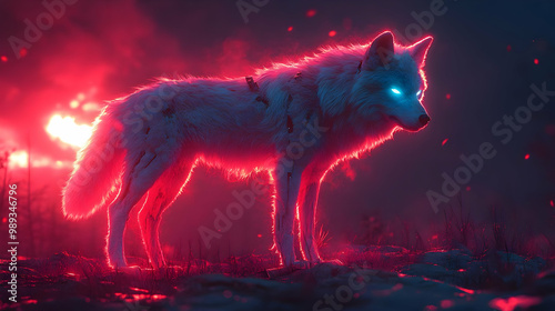 White Wolf with Glowing Eyes in a Red Forest - 3D Illustration