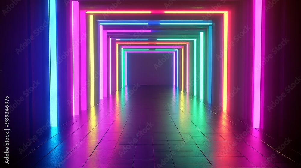 A shadowy hallway glows with vibrant neon lights. The floor and walls shimmer with reflections. The middle is empty, ready for something to be added. This is a computer-generated image. A shadowy hallway glows with vibrant neon lights. The floor and walls shimmer with reflections. The middle is empty, ready for something to be added. This is a computer-generated image.