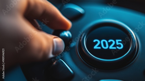 Adjusting the settings on a futuristic control panel to the year 2025 with a focus on precision and technology