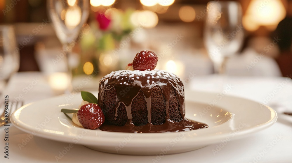 Chocolate Lava Cake with Chocolate Sauce and Strawberries on a White Plate. Chocolate Lava Cake with Chocolate Sauce and Strawberries on a White Plate.