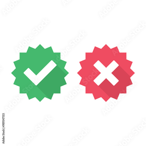 Check mark icons set with long shadows, isolated on white background. Green tick and red cross check marks buttons in flat style. Yes or No confirm or reject signs.