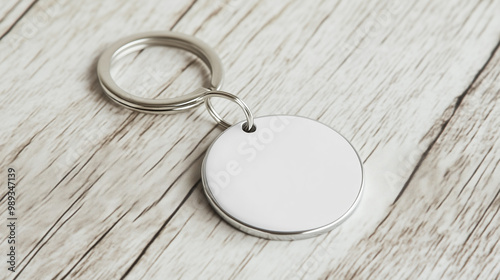 Minimalist White Round Keyring Mockup on Light Whitewashed Wood for Custom Design and Branding Presentations
