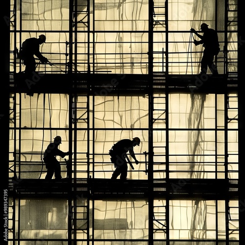 Workers standing on scaffolding. Black and white background image