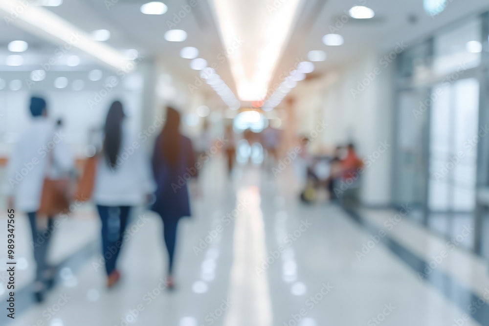 A blurry image of a hospital hallway with people walking and sitting, generative ai image