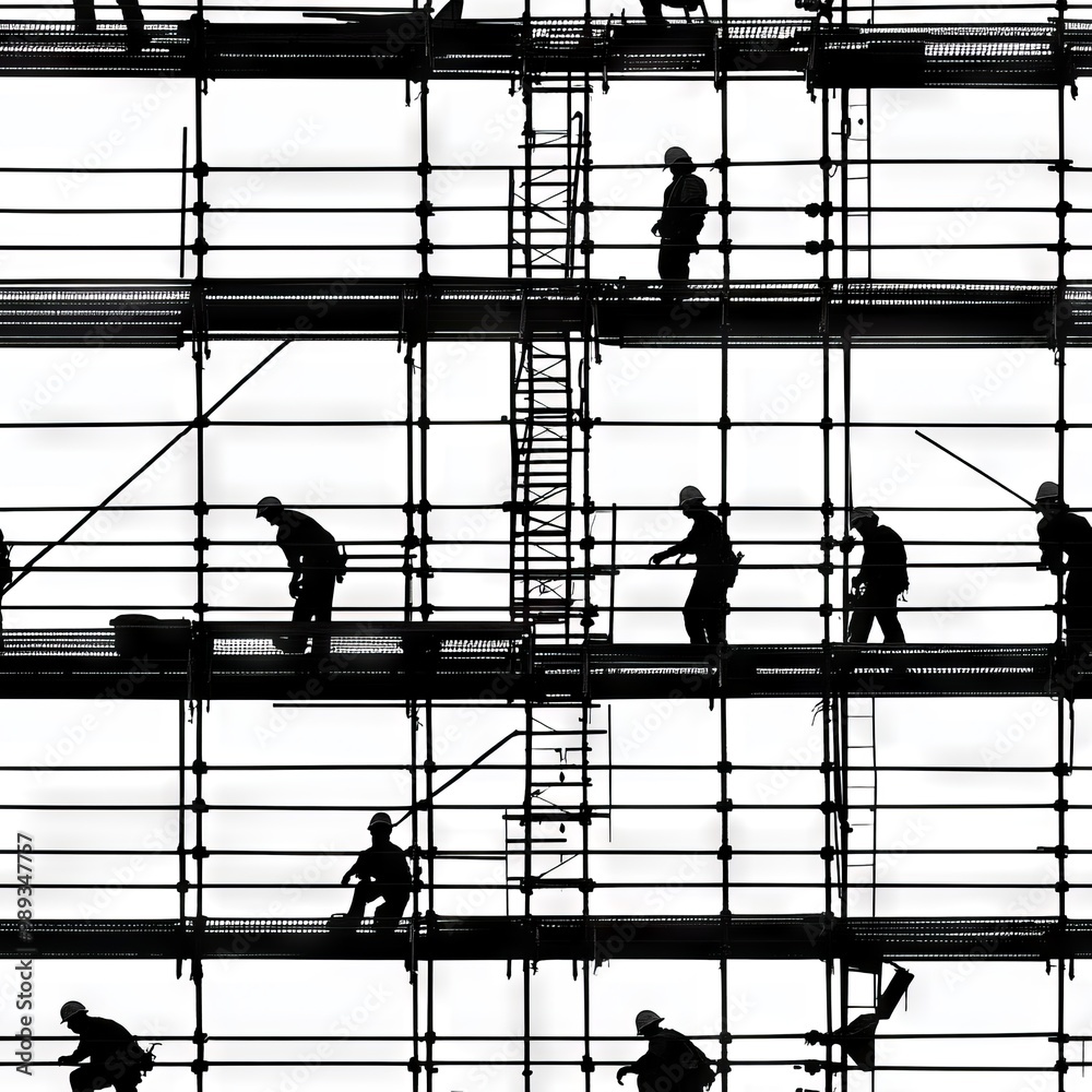 Scaffolding workers in a seamless tile pattern, Black and white color.