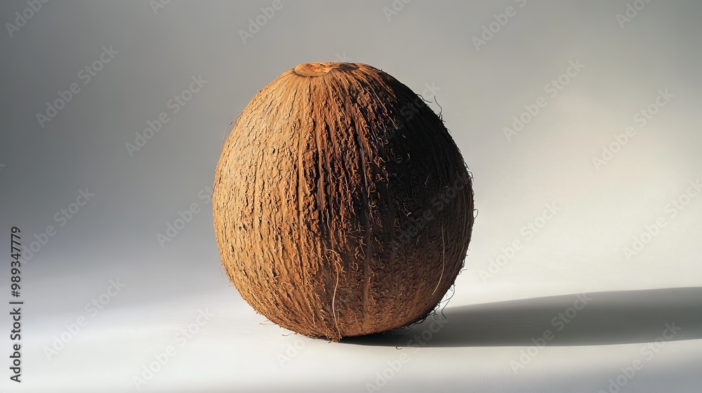 A single coconut, set apart against a plain white backdrop. A single coconut, set apart against a plain white backdrop.