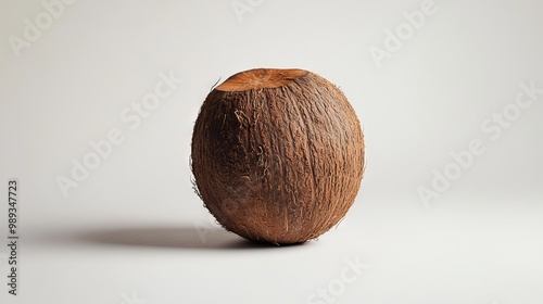 A single coconut, set apart against a plain white backdrop.