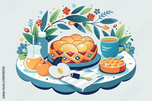 Colorful Breakfast Spread Illustration with Fresh Fruit and Pastries