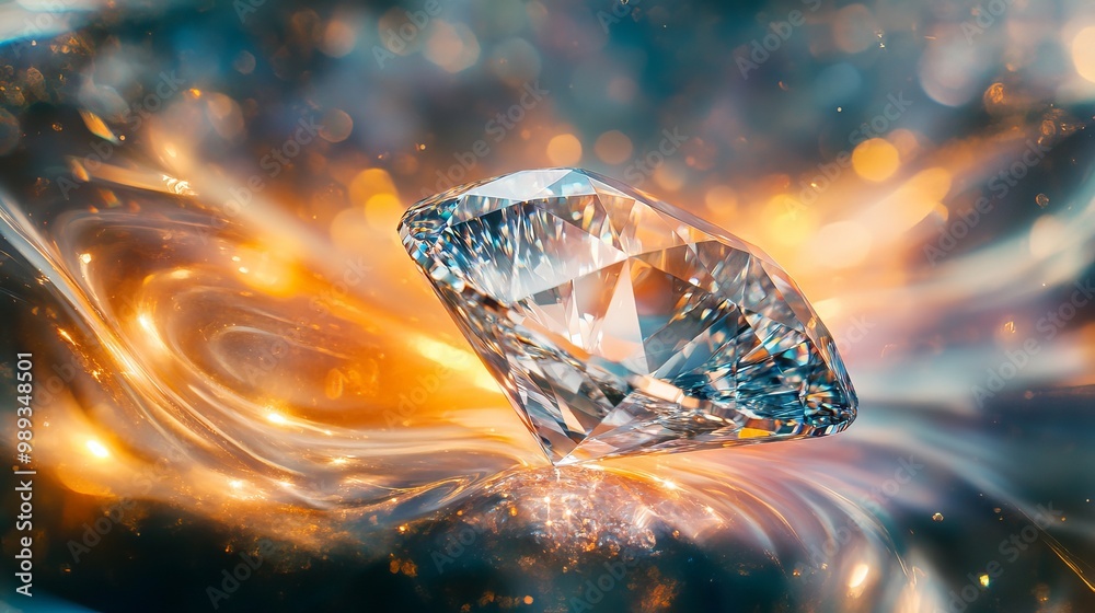 A sparkling crystal stands out against a swirling background. This dazzling diamond is a luxurious piece of jewelry.