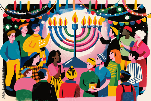 Multicultural Friends Celebrating Hanukkah Together with Traditional Menorah