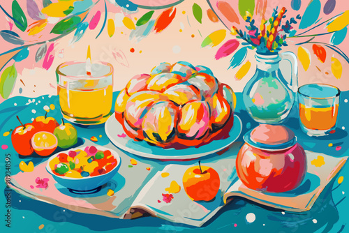 Vibrant Illustrated Breakfast Table with Pastries and Juices