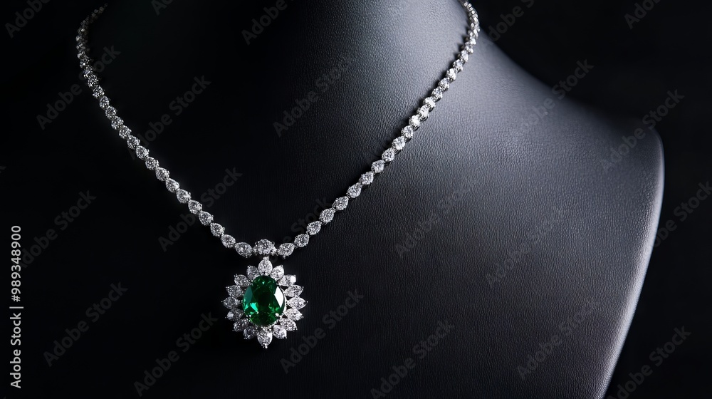 A stunning diamond necklace with a sparkling green emerald hangs on a mannequin's neck, set against a black backdrop. This exquisite piece is designed for women. A stunning diamond necklace with a sparkling green emerald hangs on a mannequin's neck, set against a black backdrop. This exquisite piece is designed for women.