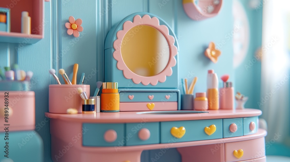 A delightful vanity set with a mirror and colorful accessories for pretend play. A delightful vanity set with a mirror and colorful accessories for pretend play.
