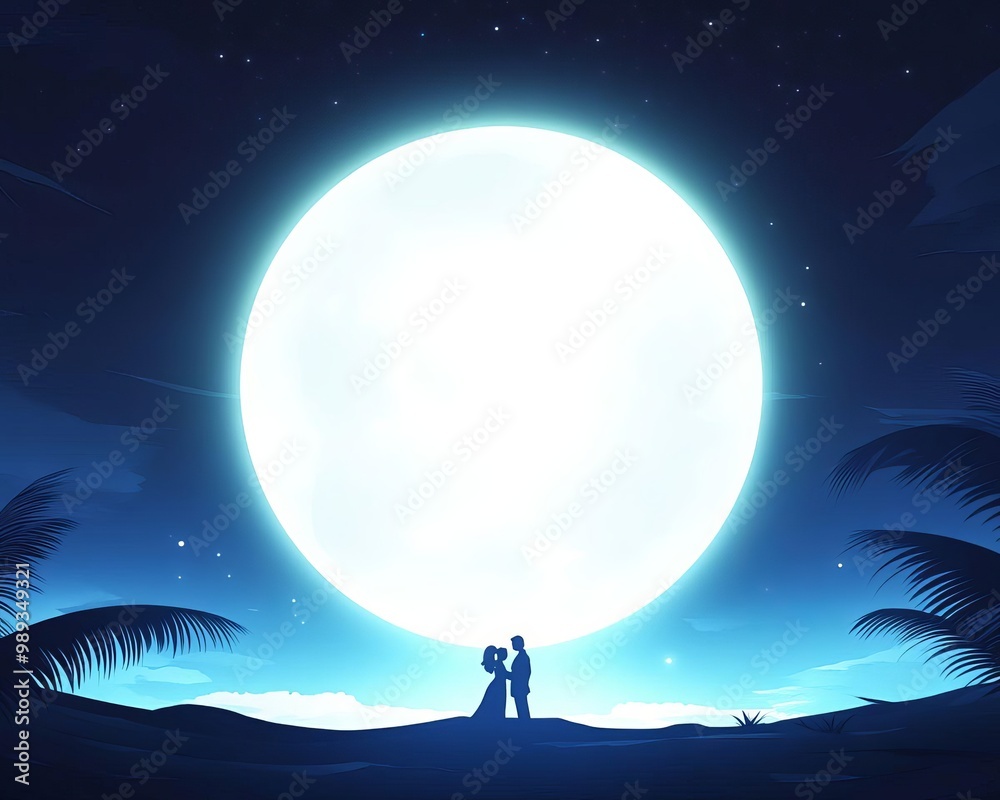 Serene Silhouette of a Couple Under a Glowing Full Moon at Nighttime Serene Silhouette of a Couple Under a Glowing Full Moon at Nighttime