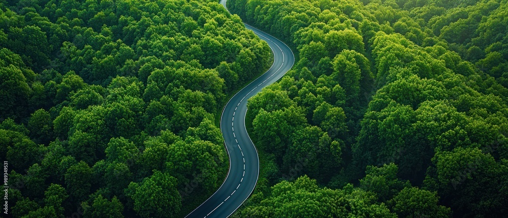 Aerial View of Winding Road Through Lush Forest Aerial View of Winding Road Through Lush Forest