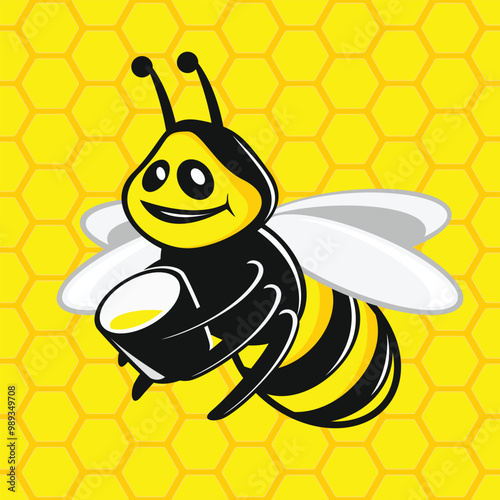 Bee with a bucket of honey on honeycomb background. Honey bee in flat style. Seamless honey combs pattern and honeybee. Insect icon.