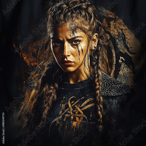 A woman with a serious look, portrayed as a warrior with braided hair. Her face has black war paint, and the background features dark orange and black tones photo