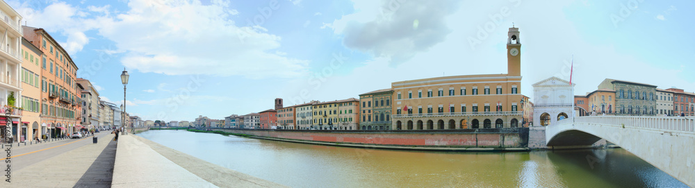 Naklejka premium Lungarno Galilei, the neighborhood along the bank of the Arno River in Pisa, Tuscany, Italy