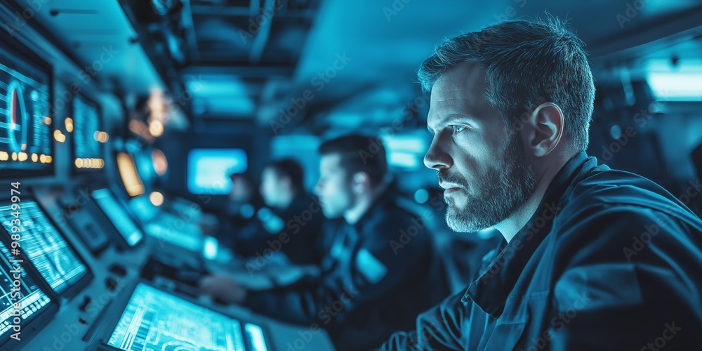 Naval officer focuses on screens displaying maritime security data, managing high-tech operations on a military ship, blue light sets a calm atmosphere, selective focus

