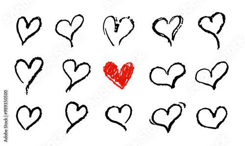 Sketchy hearts chalk style set vector illustration. Black and red hearts shapes silhouettes in marker or paint stroke style. Crayon or wax pencil drawing doodle elements. Collection of symbols of love