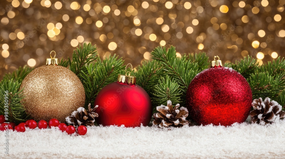 A festive celebration of Christmas with red bells and golden lights illuminating pine branches adorned with beautiful decorations A festive celebration of Christmas with red bells and golden lights illuminating pine branches adorned with beautiful decorations