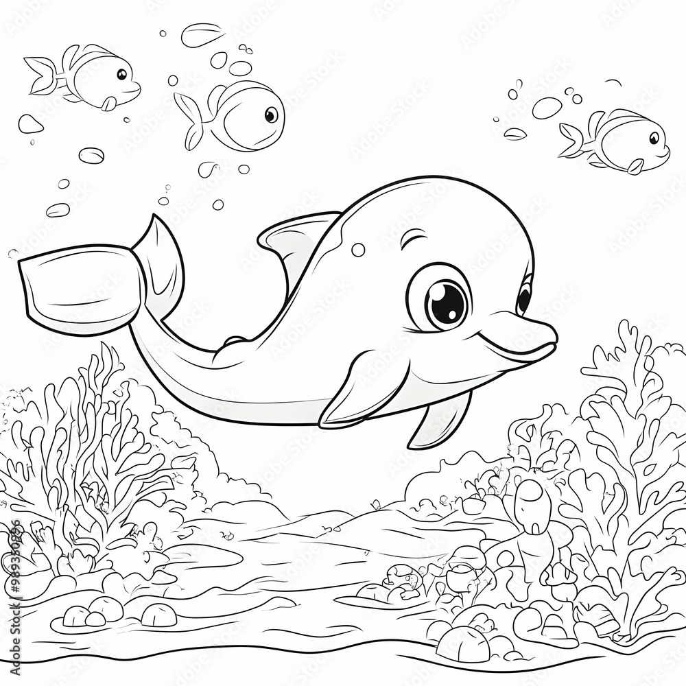 Cute Cartoon Dolphin Illustration with Coral Reef and Fish Cute Cartoon Dolphin Illustration with Coral Reef and Fish