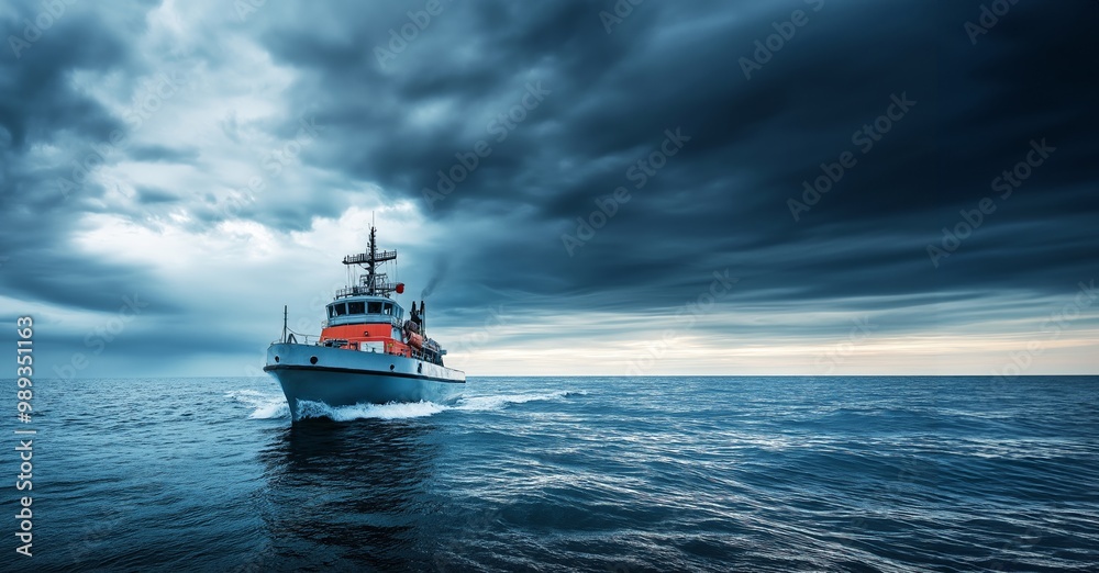 Fototapeta premium Coast guard vessel navigates stormy waters under dark clouds, performing a security operation in challenging weather, copy space, selective focus