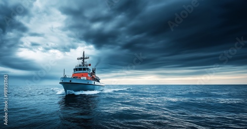 Coast guard vessel navigates stormy waters under dark clouds, performing a security operation in challenging weather, copy space, selective focus

