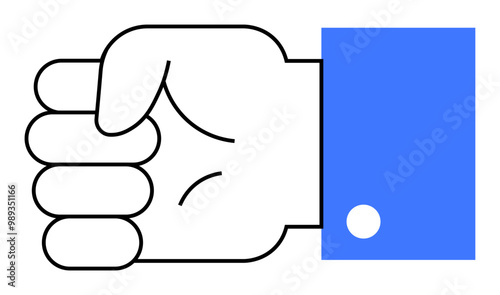 Simple drawn closed fist with blue sleeve. Ideal for communication, symbols, motivation, determination, and cohesion themes. Minimalist line art style. Strong hand