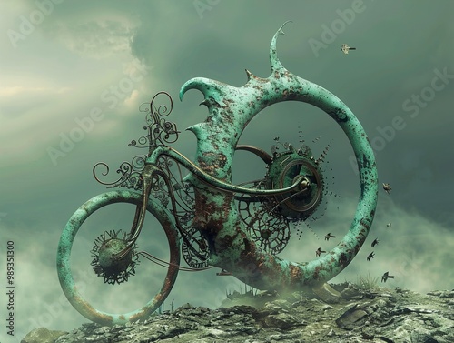 Steampunk Bike in a Surreal Landscape photo