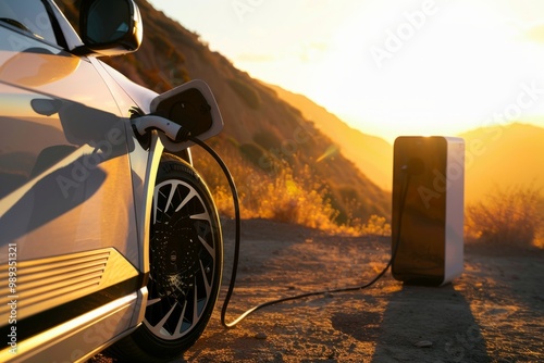 A powerful, reliable portable EV charger next to electric SUV, ready for any adventure in any condition.