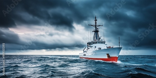 Coast guard ship sails through rough ocean waters under dark, stormy skies, highlighting maritime security in challenging conditions, copy space, selective focus

