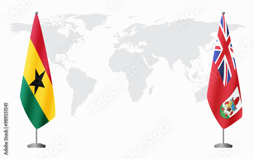 Ghana and Bermuda flags for official meeting against background of world map.