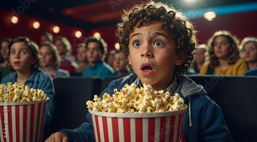 Closeup of a curly hair kid watching movie in cinema