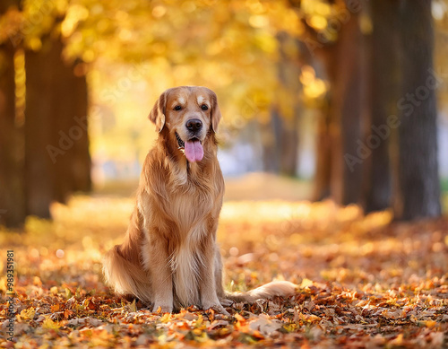 a golden retriever sits in an autumn park