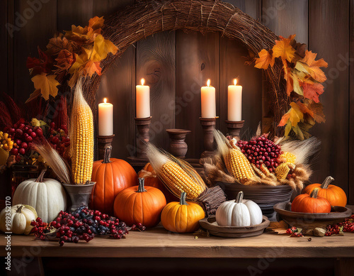 A table set with various pumpkins, corn cobs, and grape clusters