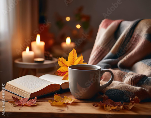 A ceramic cup of hot coffee or tea on a wooden table decorated with fallen autumn leaves
