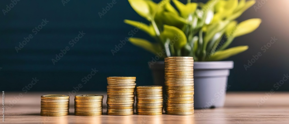 Wealth Concept Coin Stacks with a Potted Plant Symbolizing Growth and Prosperity Wealth Concept Coin Stacks with a Potted Plant Symbolizing Growth and Prosperity